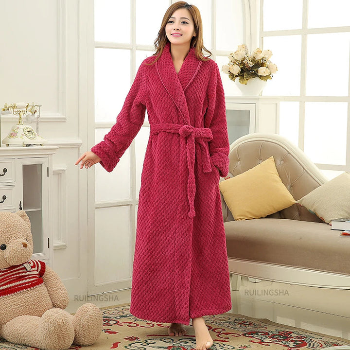 Plush women's bathrobe, perfect for unwinding; soft comfort and stylish home wear.