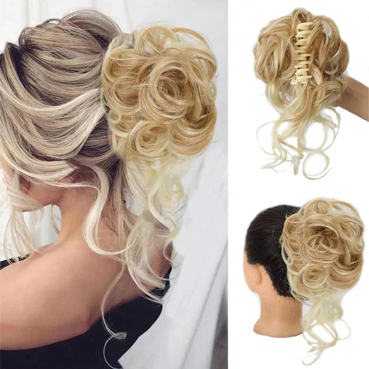 Voluminous synthetic hair bun clip for women, ideal for a quick, elegant hairstyle.