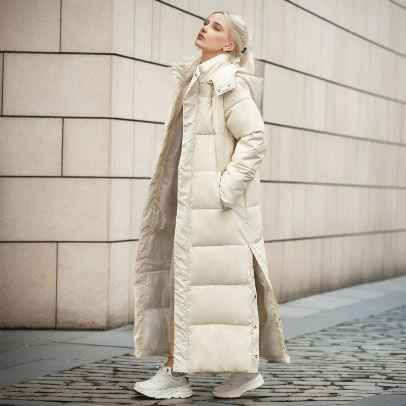 Warm women's long coat, Isabella model, in grey, a comfortable & chic winter jacket.