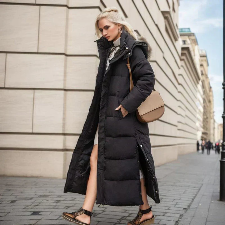 Women's Isabella long winter coat, classic black, ultimate warmth & elegant cold weather style.