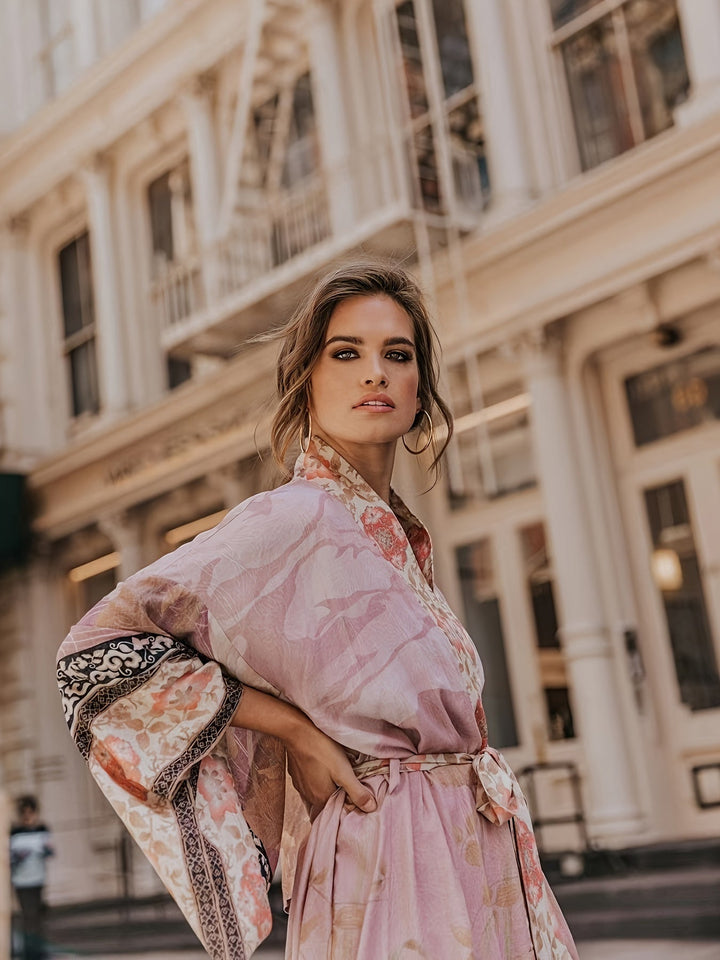 Women's Isabella red floral print kimono, a lightweight beach cover-up & resort wear with batwing sleeves.