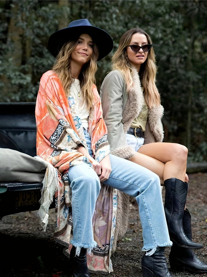 Elegant women's red floral kimono, a stylish beach cover-up for vacation and summer fashion.