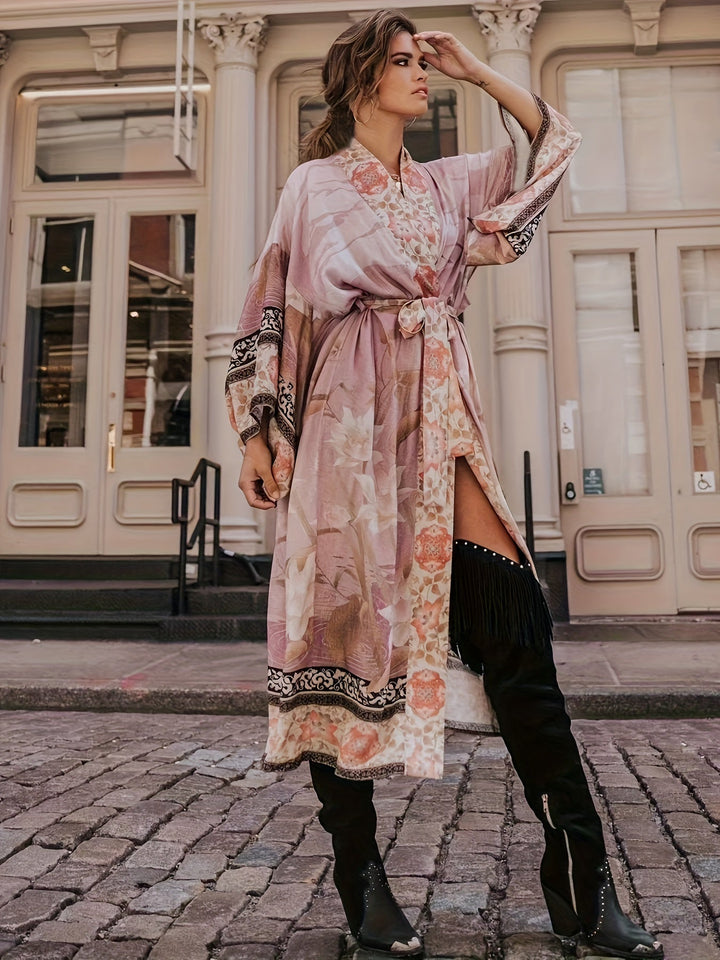 Women's Isabella red floral kimono: lightweight, open front, batwing sleeve beach cover-up for summer vacation.