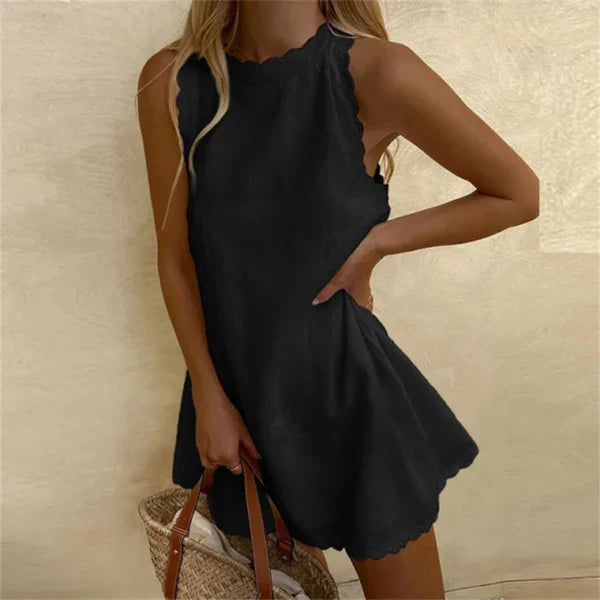 Women's Karina linen dress with red cotton O-neck. Comfortable, stylish, versatile summer sundress for everyday wear.