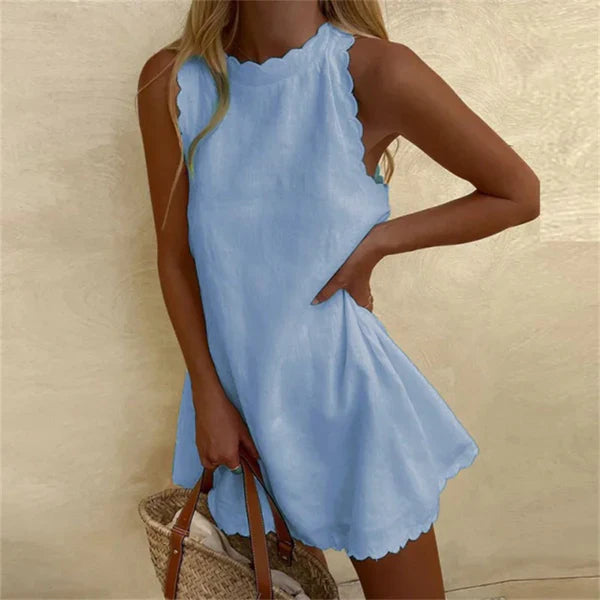Chic women's Karina linen sundress, featuring a vibrant red O-neck. Comfortable and perfect for summer casual style.