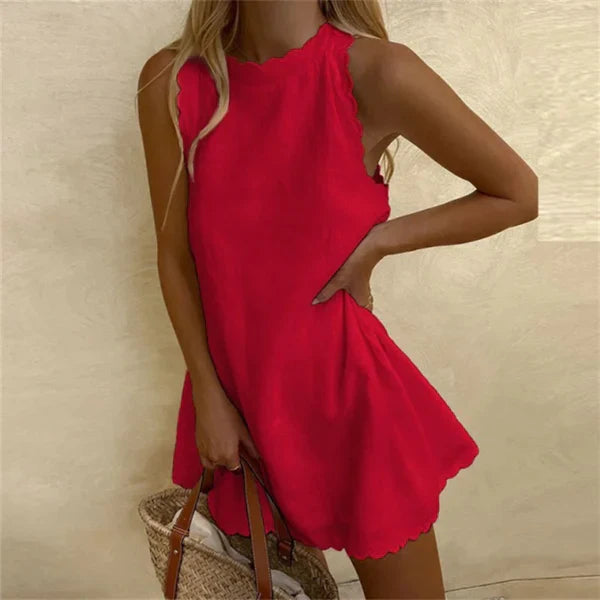 Versatile women's Karina linen dress, red O-neck detail. A comfortable, relaxed fit sundress for various occasions.