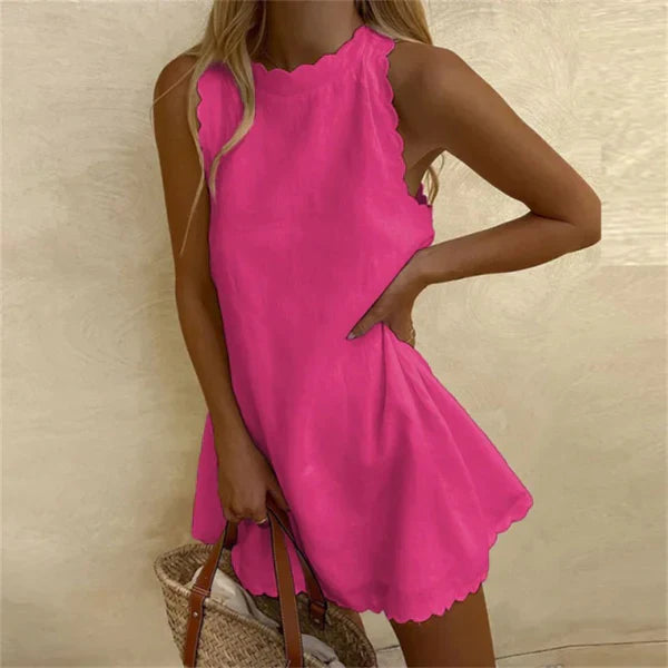 Women's Karina linen dress; comfortable, knee-length, and stylish with a red cotton O-neck. Ideal casual sundress.