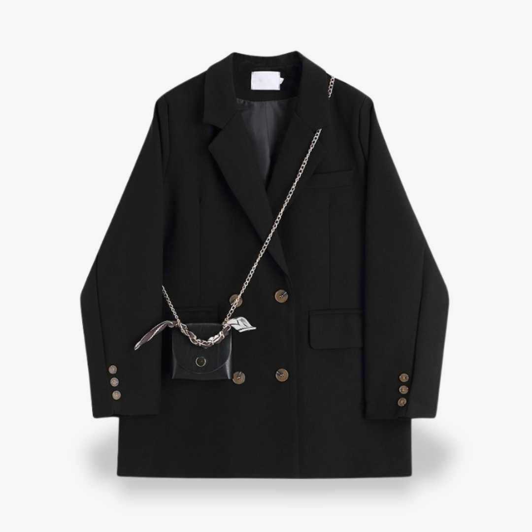 Women's khaki oversized double-breasted blazer. Relaxed fit, chic style for business casual or versatile fashion.