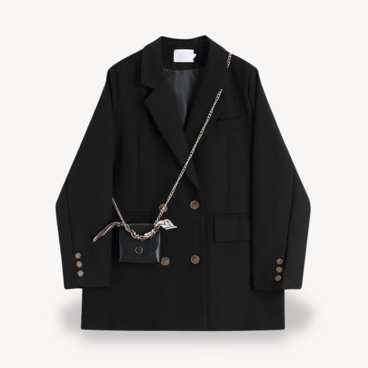 Women's khaki oversized double-breasted blazer. Relaxed fit, chic style for business casual or versatile fashion.