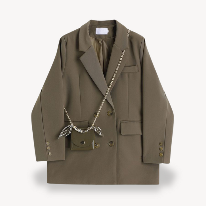 Trendy women's khaki oversized double-breasted blazer. Fashionable outerwear for versatile, relaxed fit styling.