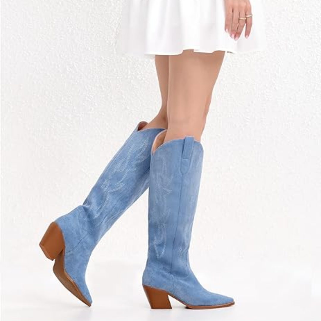 Women's knee-high embroidered cowboy boots with pointed toe & block heel.