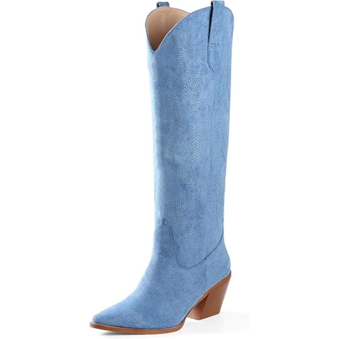 Women's fashion boots, knee-high cowboy style, intricate embroidery, pointed toe.