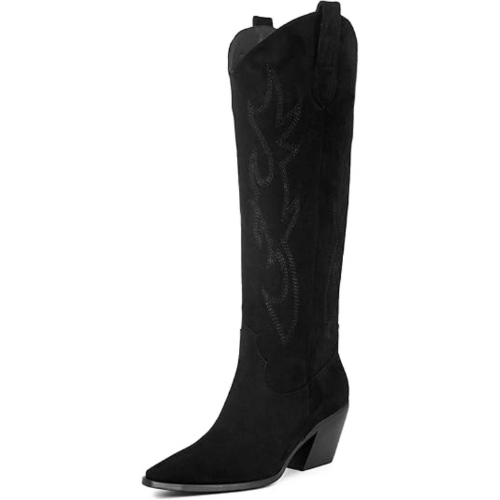 Comfortable & stylish women's embroidered knee-high cowboy boots with pointed toe & sturdy block heel.