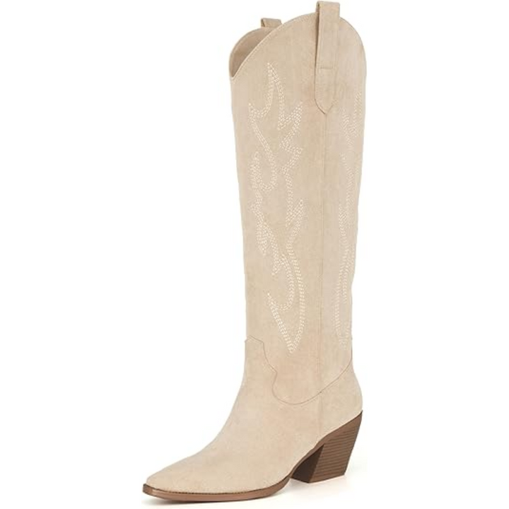 Distinctive women's knee-high cowboy boots, pointed toe, featuring unique embroidered western patterns.