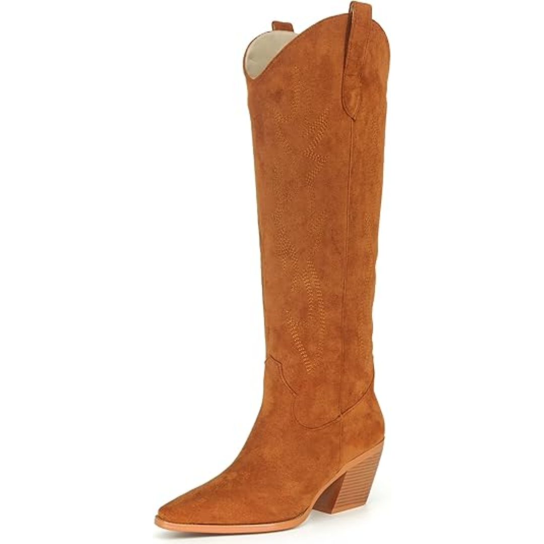 Close-up of intricate embroidery on women's knee-high cowboy boots, pointed toe design.