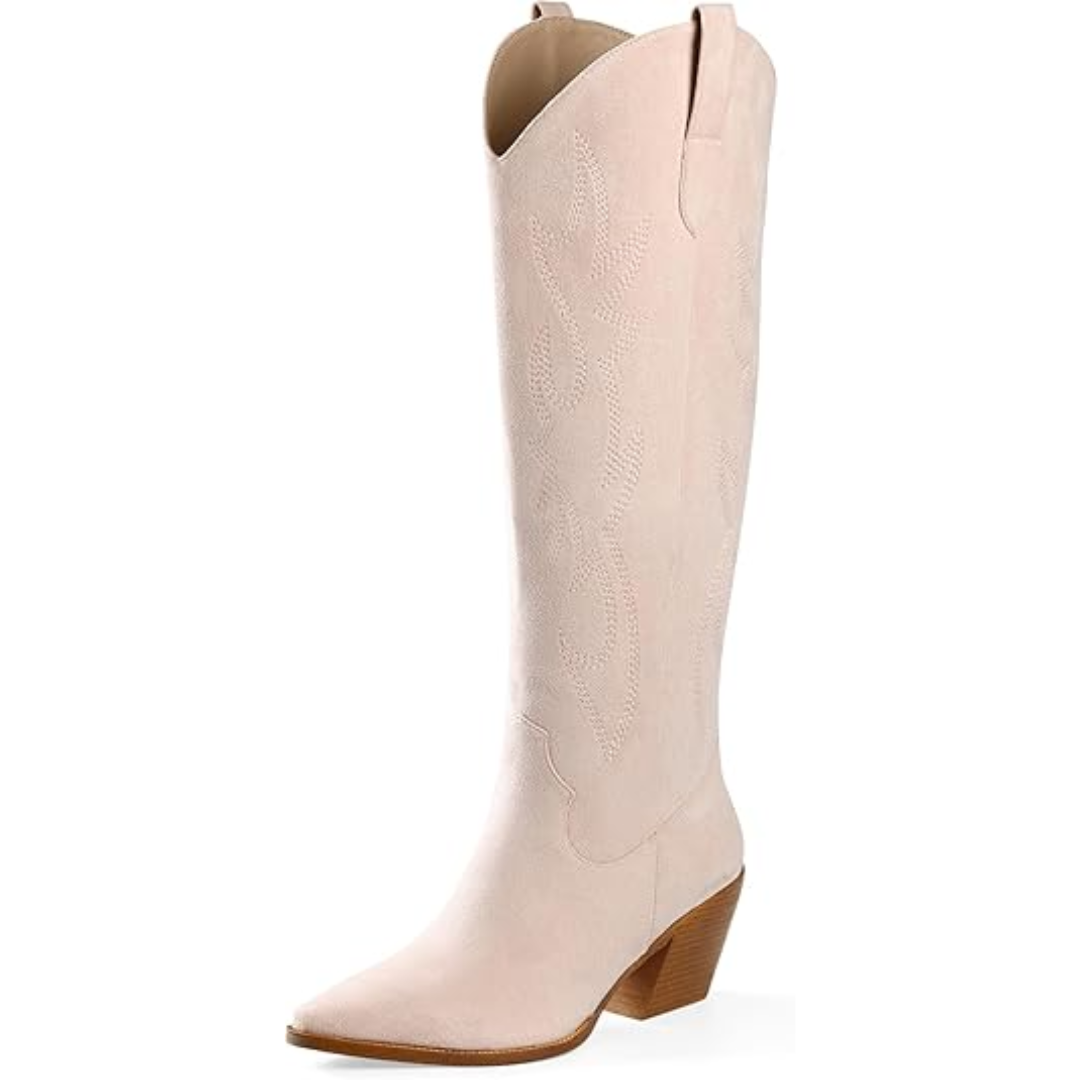 Women's country chic knee-high cowboy boots with detailed embroidery, perfect for casual wear.