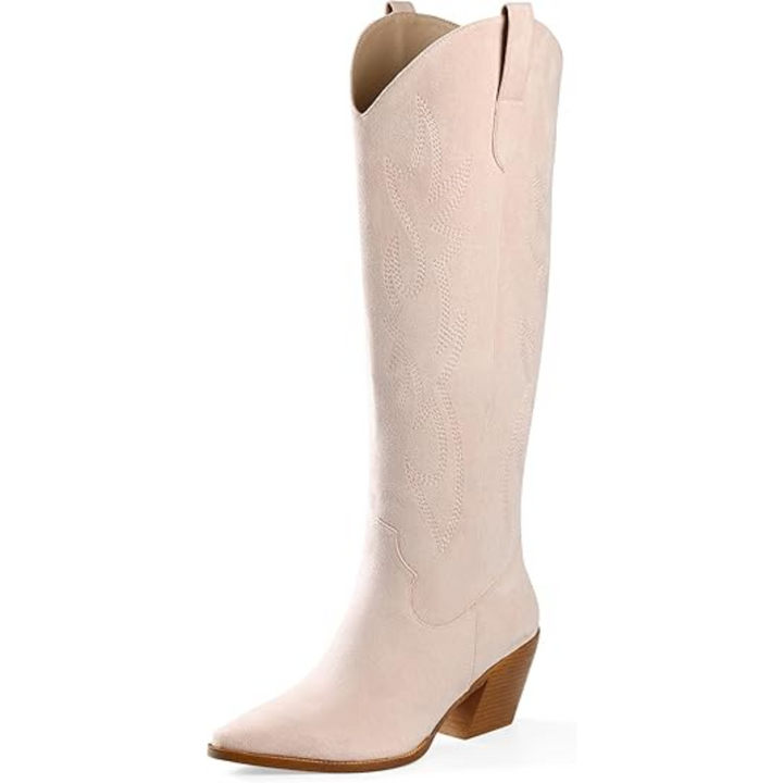 Women's country chic knee-high cowboy boots with detailed embroidery, perfect for casual wear.