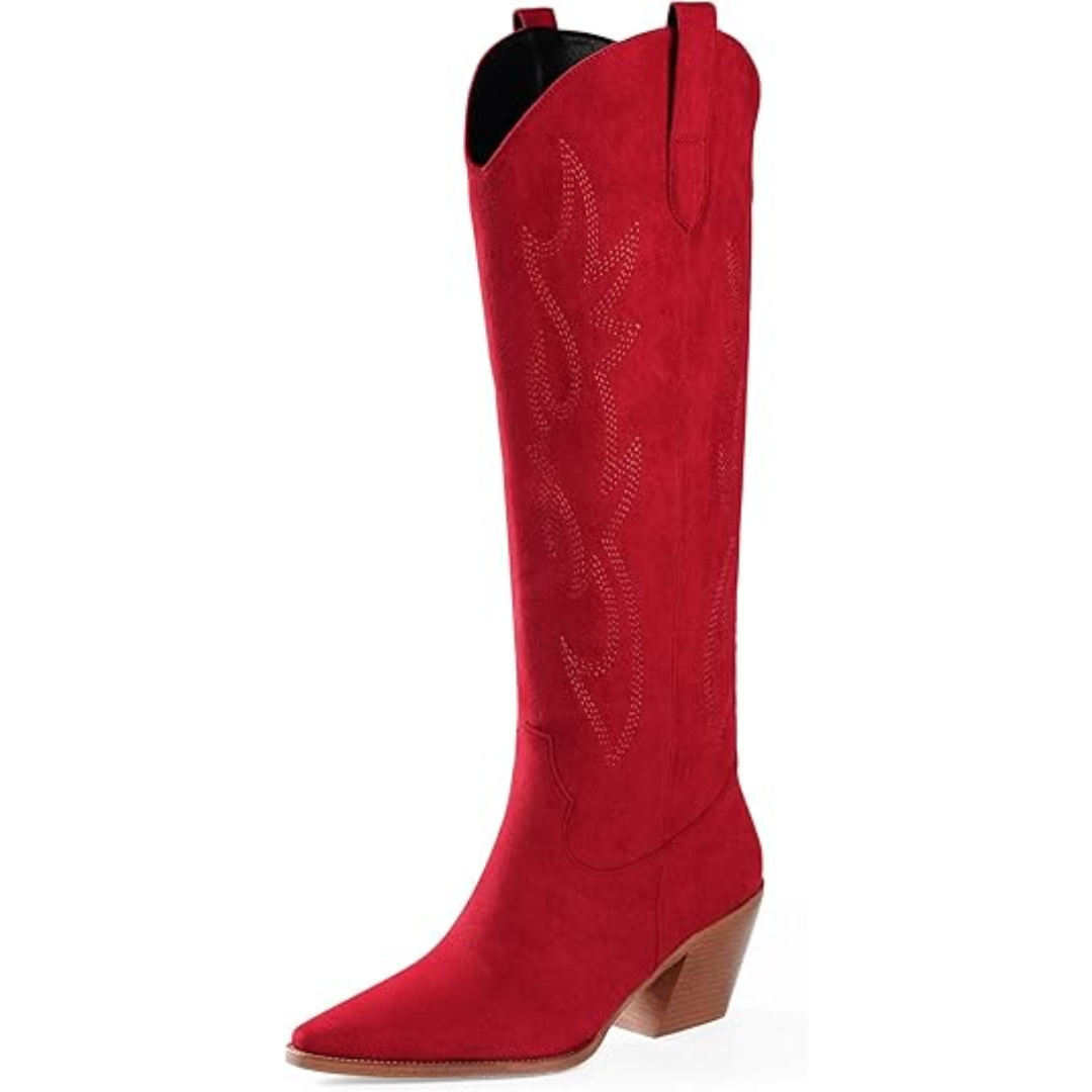 Full view of women's embroidered knee-high cowboy boots, pointed toe, ideal for dress or casual.