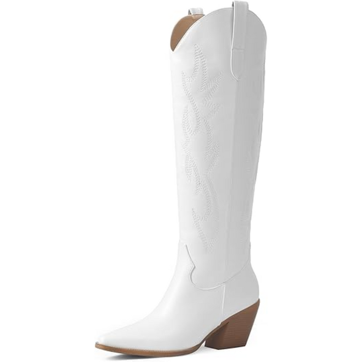 Women's stylish cowboy boots, knee-high, embroidered, featuring a stable block heel & pointed toe.