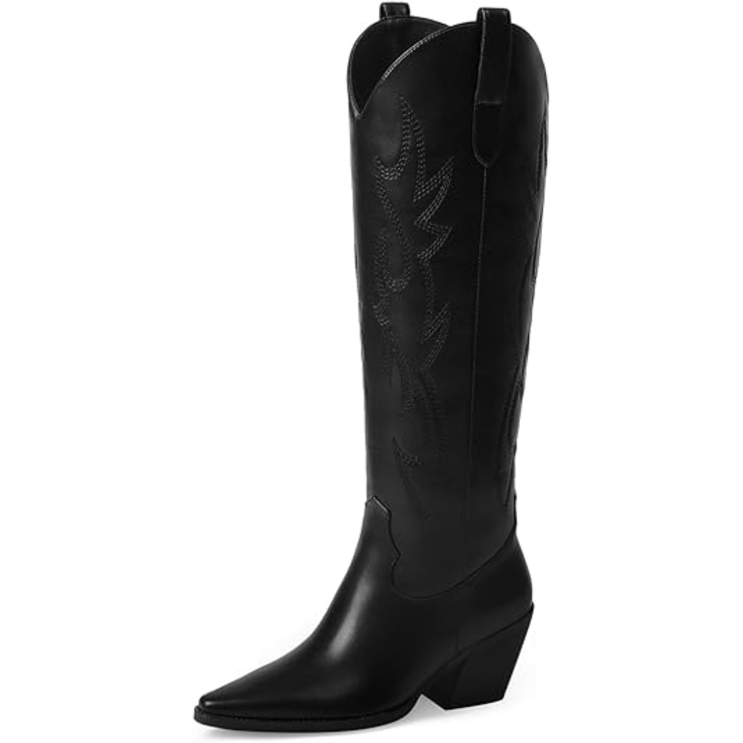 Pointed toe women's knee-high western boots with elegant embroidery, comfortable for all-day wear.