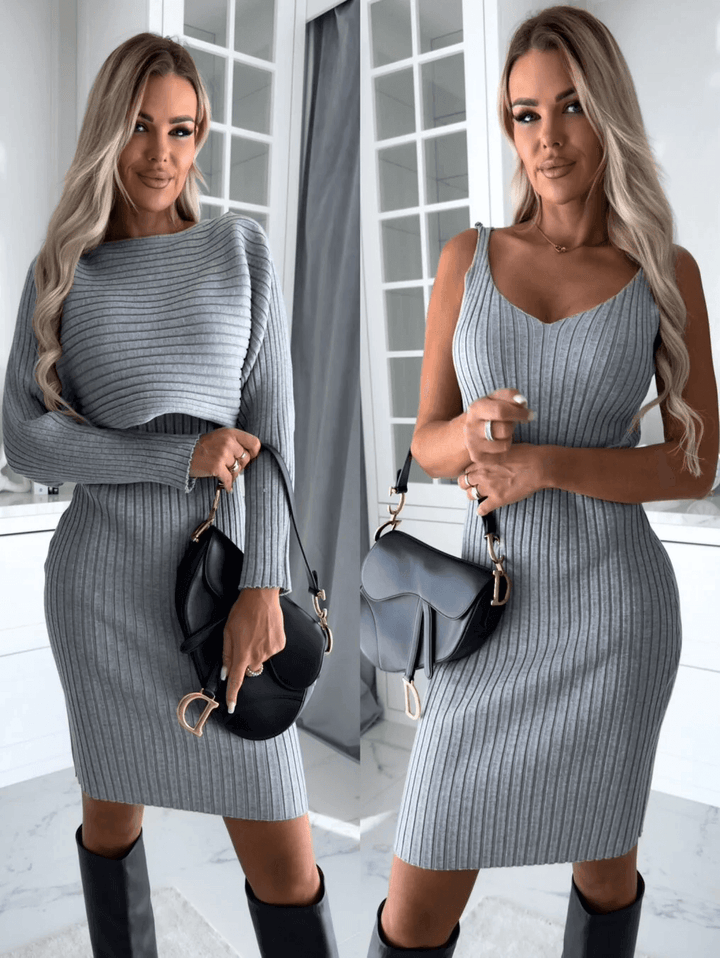 Modern women's knit sleeveless dress & sweater set for chic, comfortable fashion.
