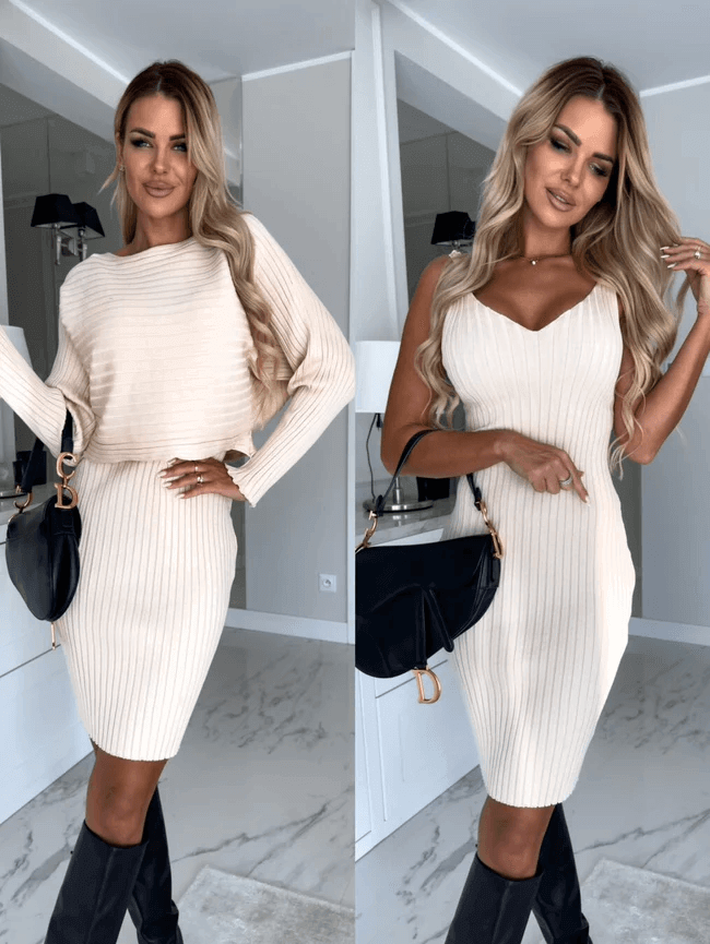 Versatile women's knit midi dress and matching sweater set. Perfect for various occasions.