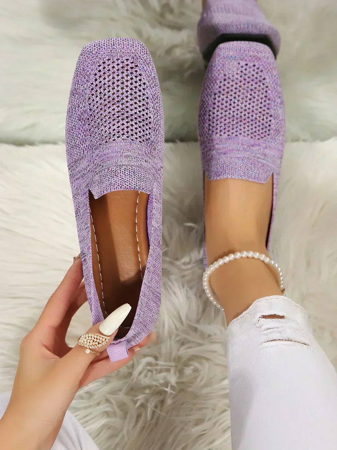 Comfortable women's knit slip-on flats with square toe. Versatile everyday casual footwear.