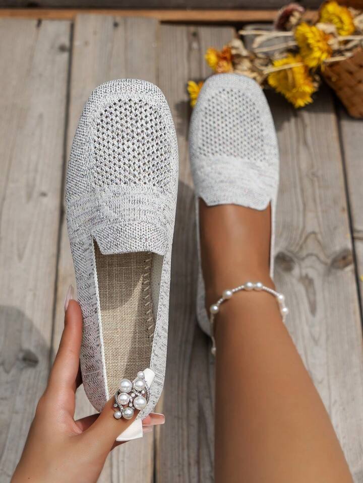 Soft knit slip-on flats for women, highlighting the trendy square toe design. Breathable & comfortable.