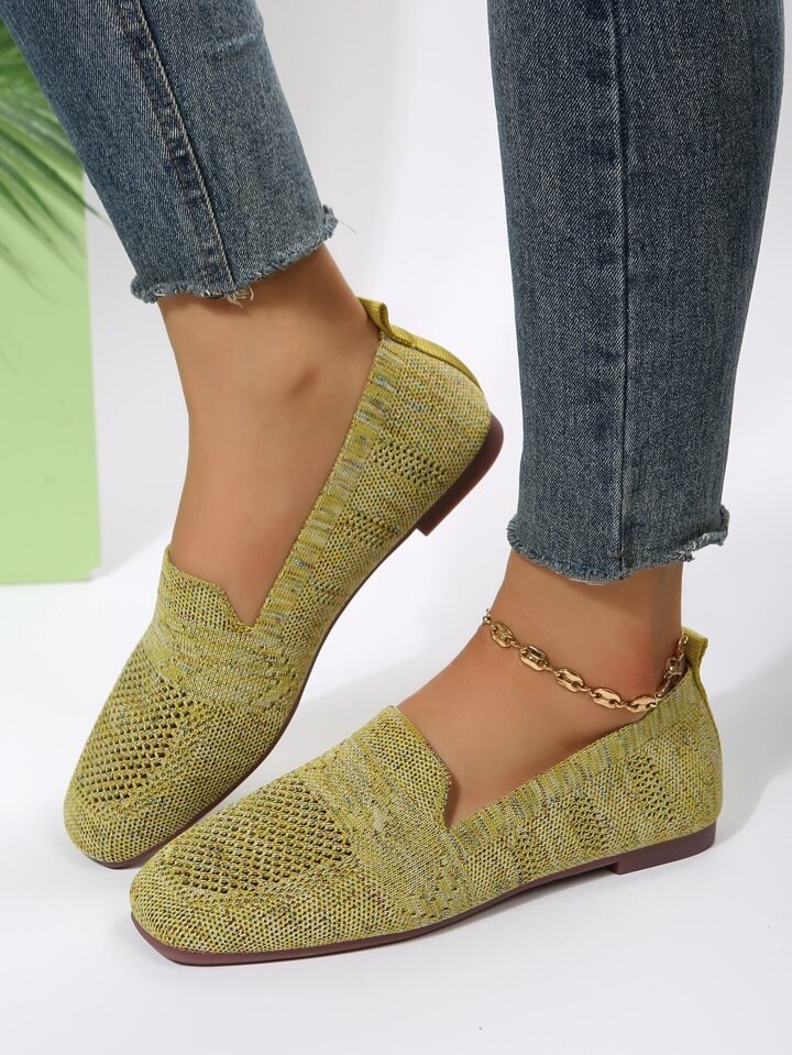 Easy-wear women's knit slip-on flats. Comfortable, breathable, and stylish square toe casual shoes.