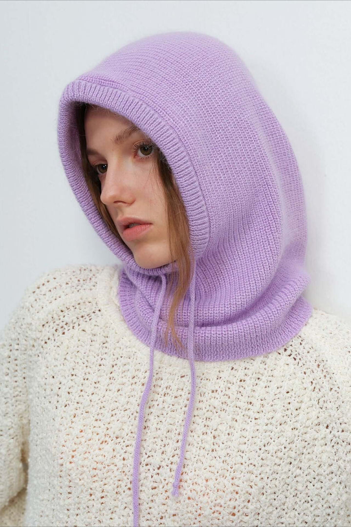 Stylish women's knitted balaclava hood, a fashionable winter scarf & warm headwear accessory.