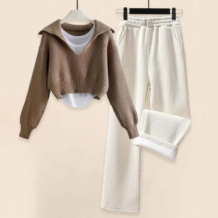 Chic white women's knitted lounge set, two-piece. Perfect cozy outfit for autumn/winter fashion & comfortable wear.