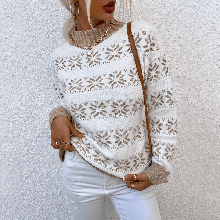 Elegant women's knitted snowflake turtleneck, a warm and stylish long-sleeve sweater for winter's chill.