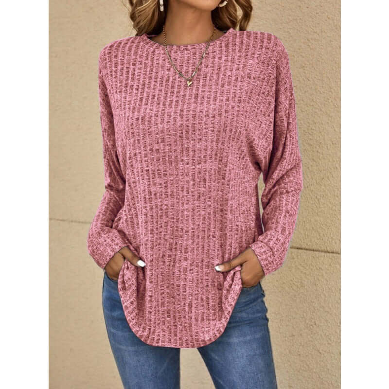 Chic women's stretchy knitted long sleeve top. Offers comfort & style for versatile casual outfits.