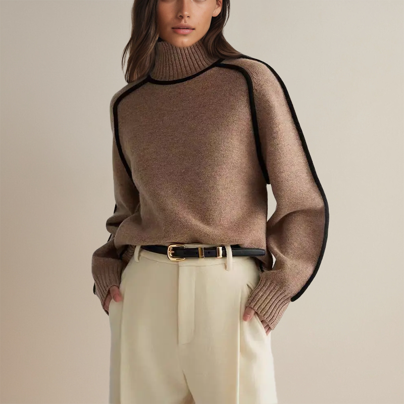Women's knitted turtleneck jumper with stylish contrast trim, perfect for cozy fall & winter fashion.