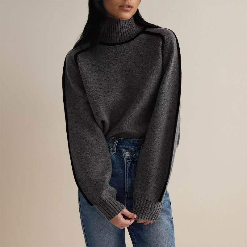 Elegant women's long-sleeve knitted turtleneck jumper featuring a modern contrast trim design.
