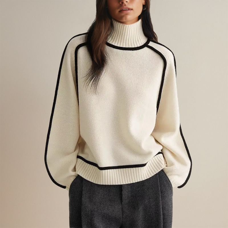 Warm women's cozy turtleneck sweater, a perfect winter style layering piece with eye-catching contrast trim.