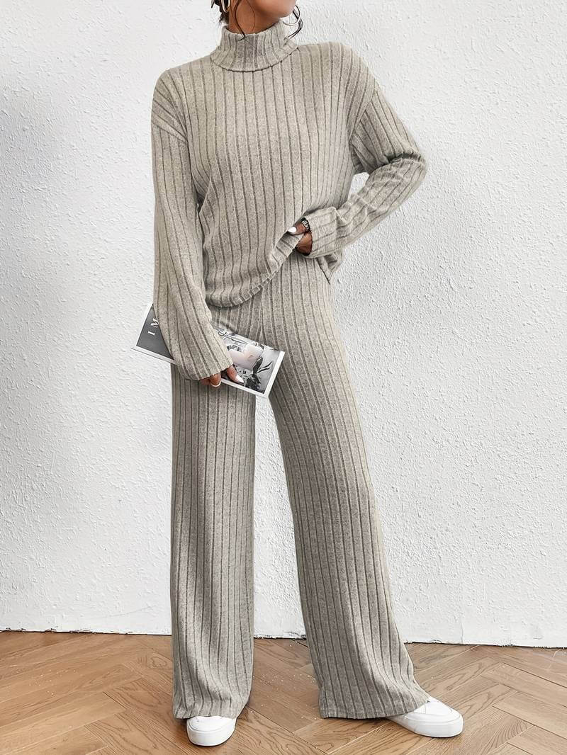 Women's knitted turtleneck sweater and wide-leg pants set, a cozy two-piece loungewear for fall and winter.