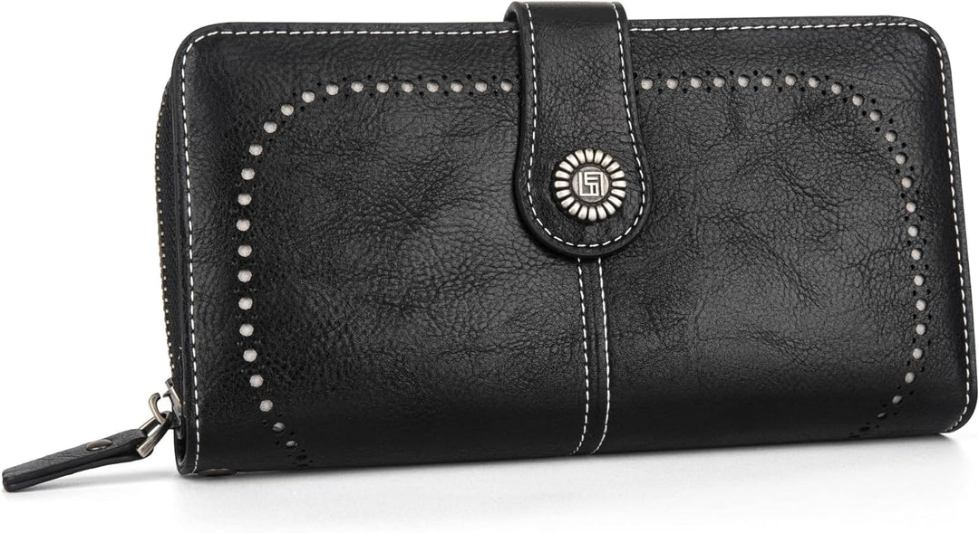 Women's large capacity leather wrist wallet with RFID blocking protection.