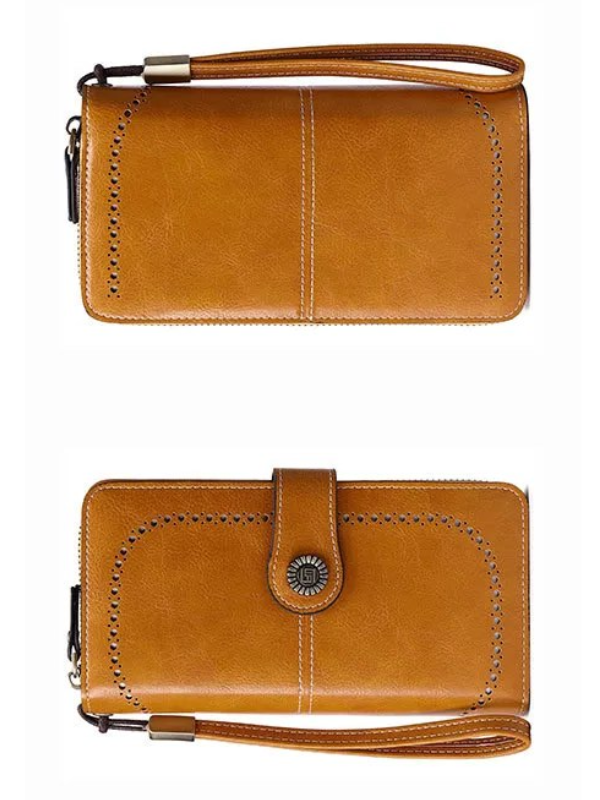 Chic women's PU leather wristlet, spacious design with RFID protection.