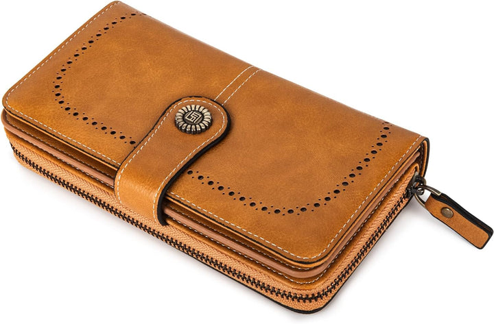 Premium women's leather wallet wristlet, RFID blocking for secure travel.