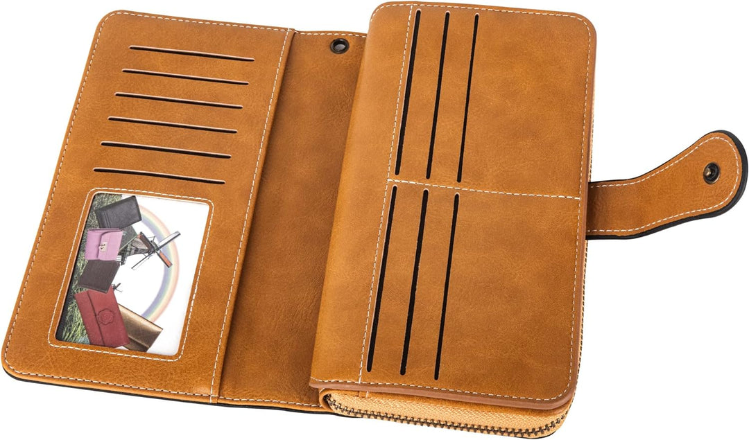 Functional women's organizer wallet, leather wristlet with RFID and many slots.