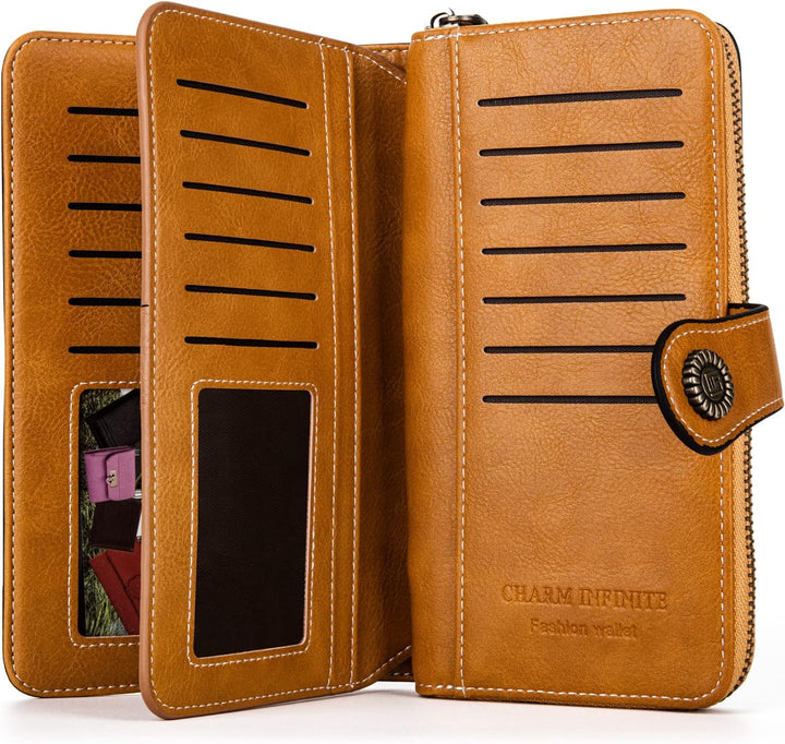Modern women's clutch purse, RFID blocking leather wristlet, large capacity.