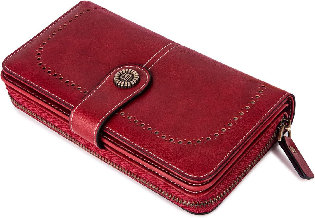 Secure women's leather wrist wallet, large capacity with RFID blocking technology.