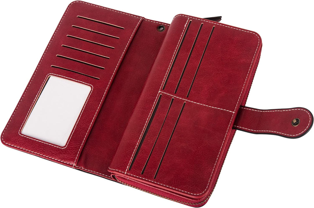 Sleek women's leather wallet, large capacity wristlet with RFID for cards.