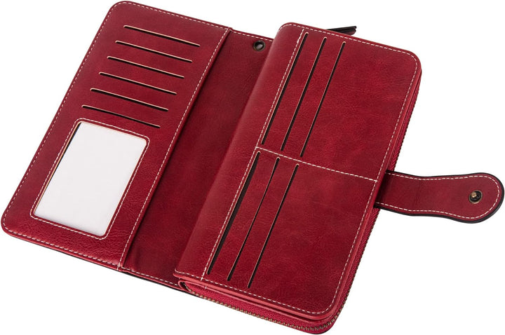 Sleek women's leather wallet, large capacity wristlet with RFID for cards.