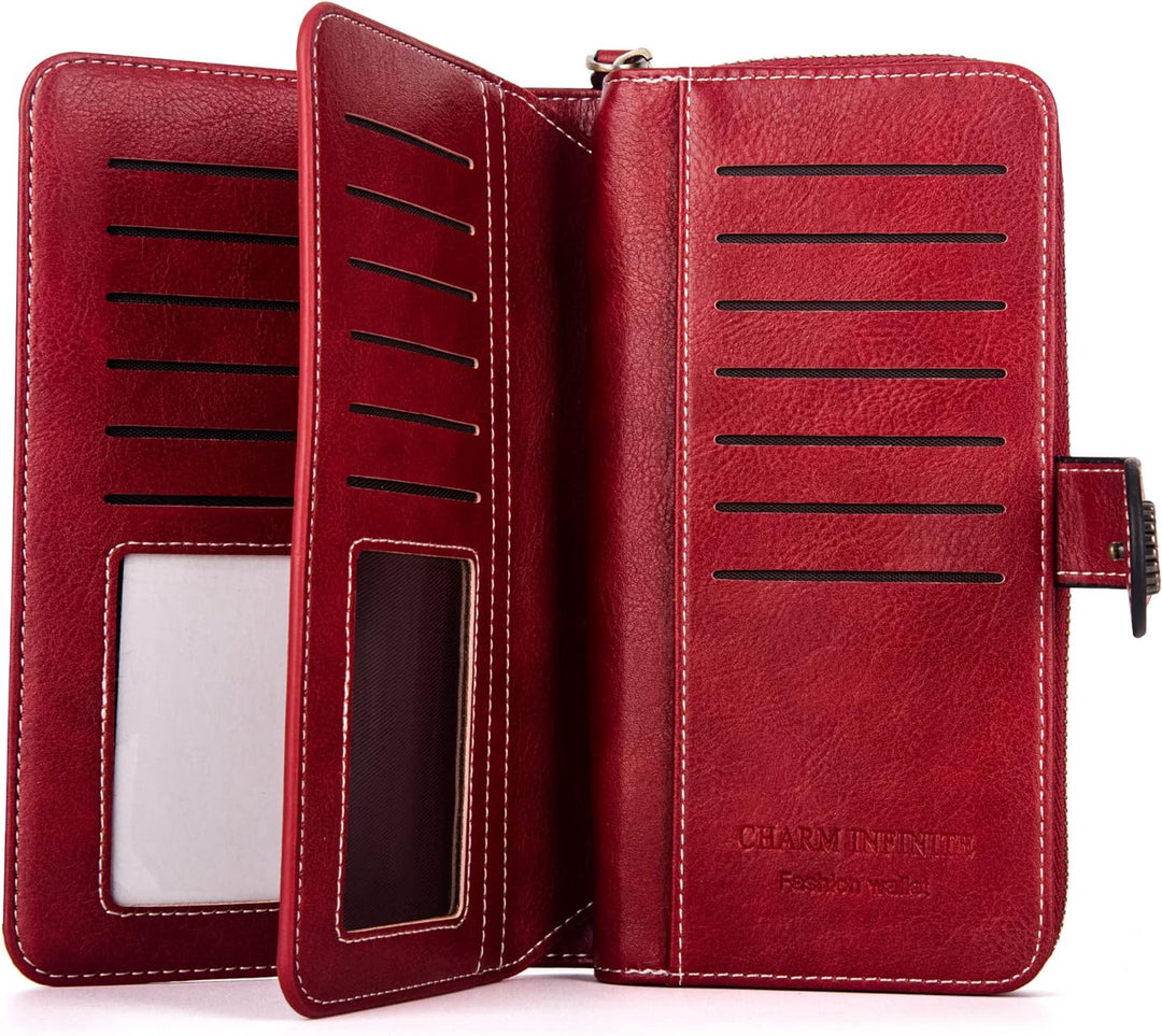 Practical women's RFID blocking wrist wallet, PU leather, spacious & secure.