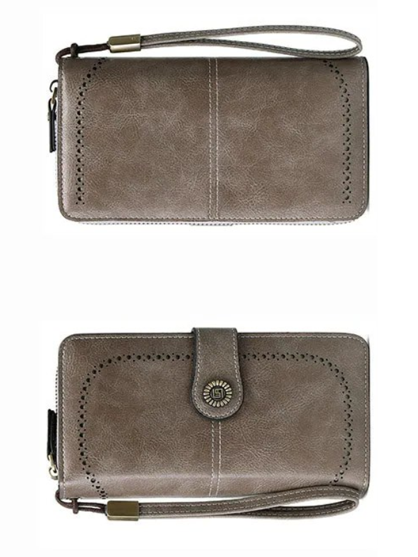 Women's fashion accessory: large capacity leather wristlet with RFID protection.