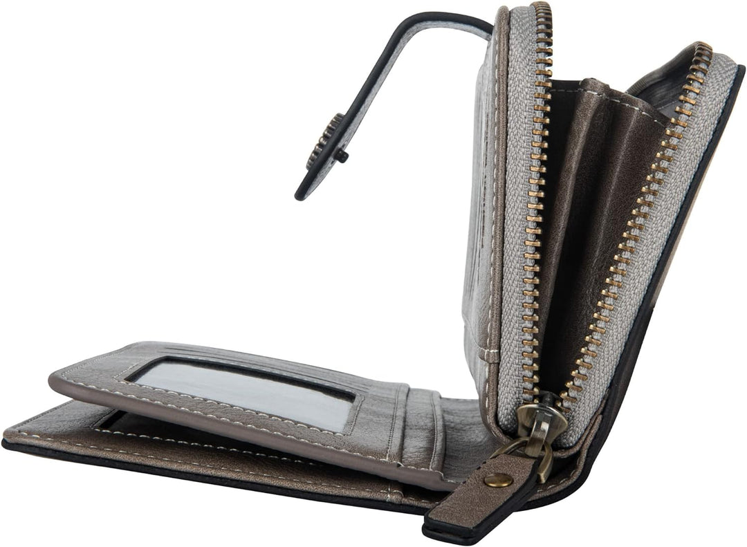 Spacious women's travel clutch, leather RFID blocking wristlet for essentials.