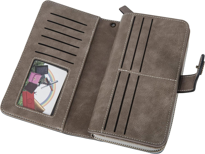 Secure women's PU leather card holder wristlet, large capacity & RFID protected.