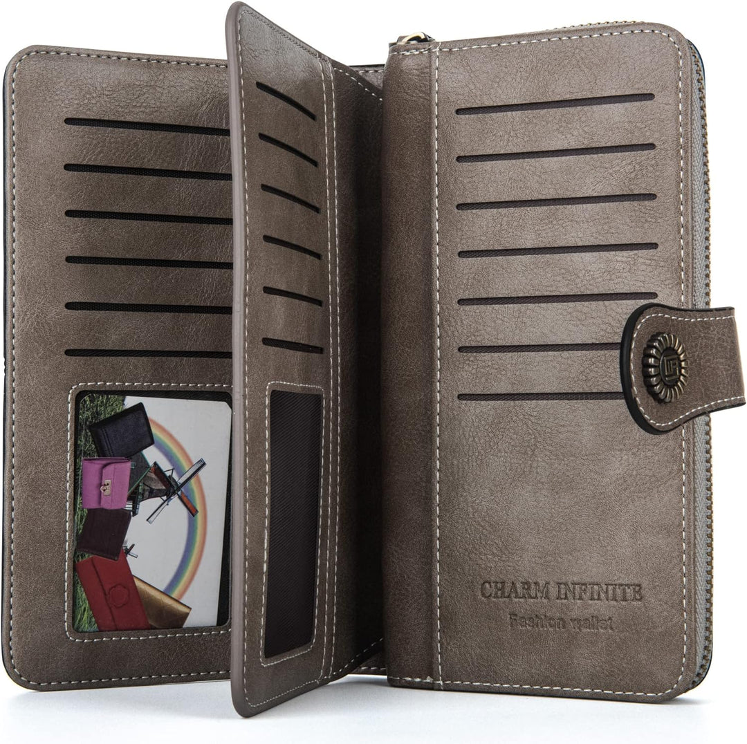Women's organizer purse, leather wristlet with RFID blocking and ample space.